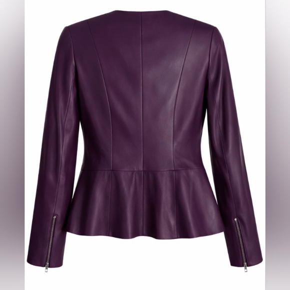 Badgley Mischka Plum Genuine Leather Peplum Zip Jacket Women's Sz Petite Small - Picture 2 of 8
